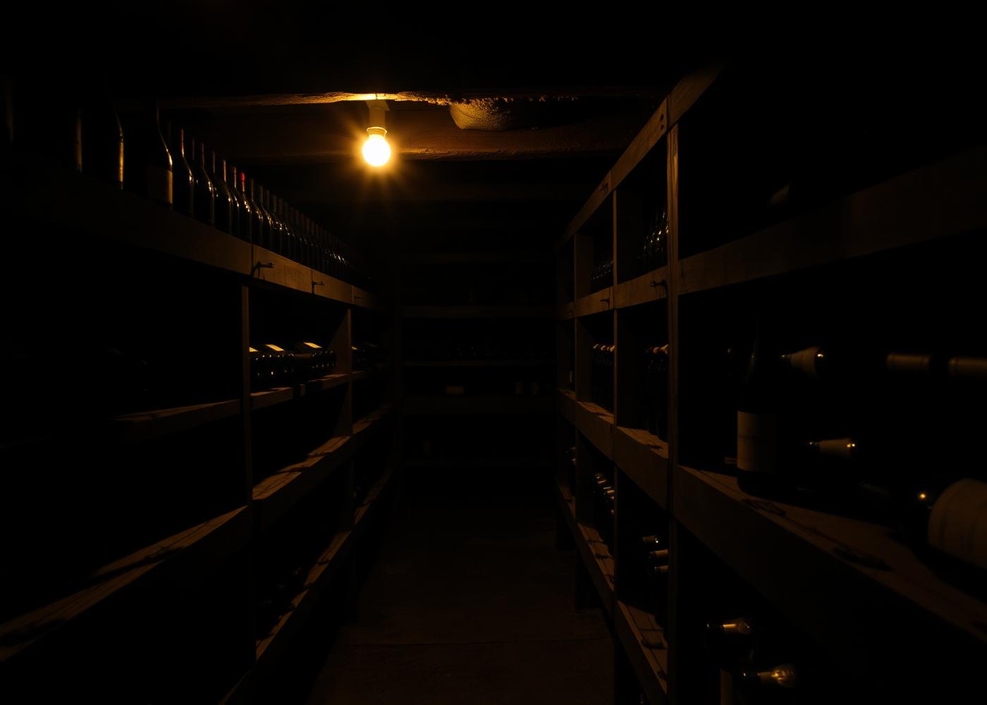 Dark cellar lined with timber wine racks