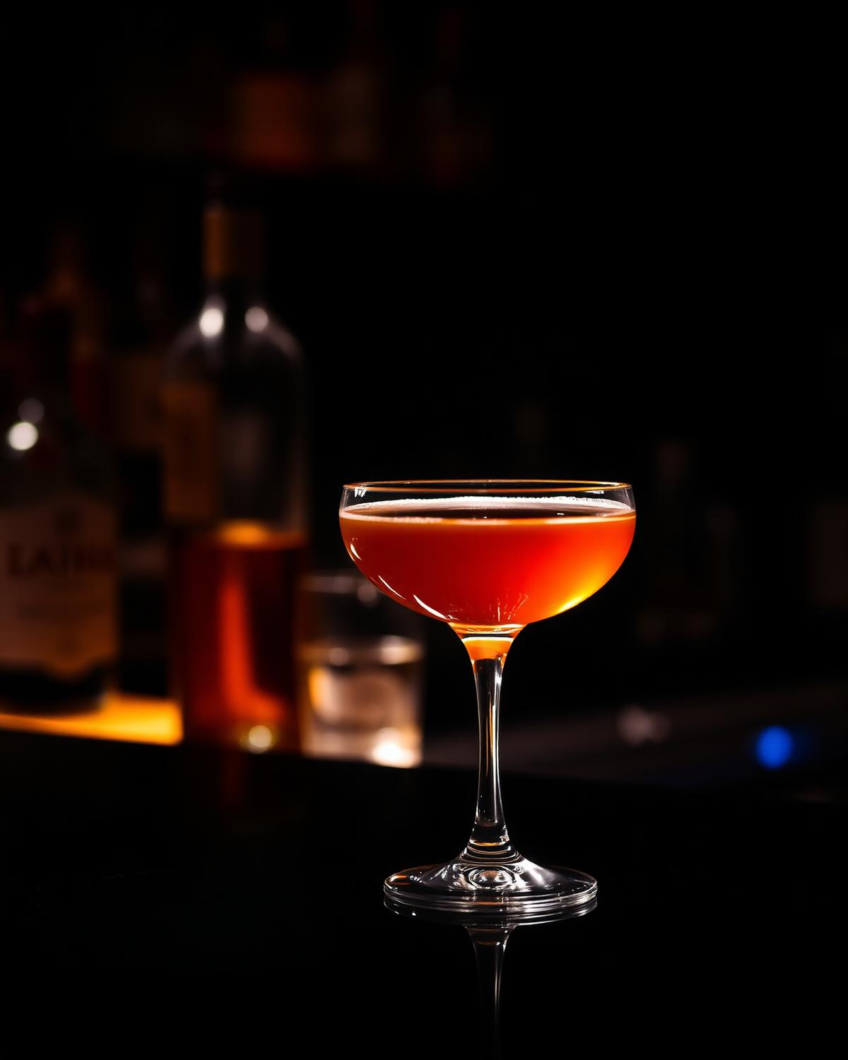 Amber cocktail in a coupe glass on a dark bar