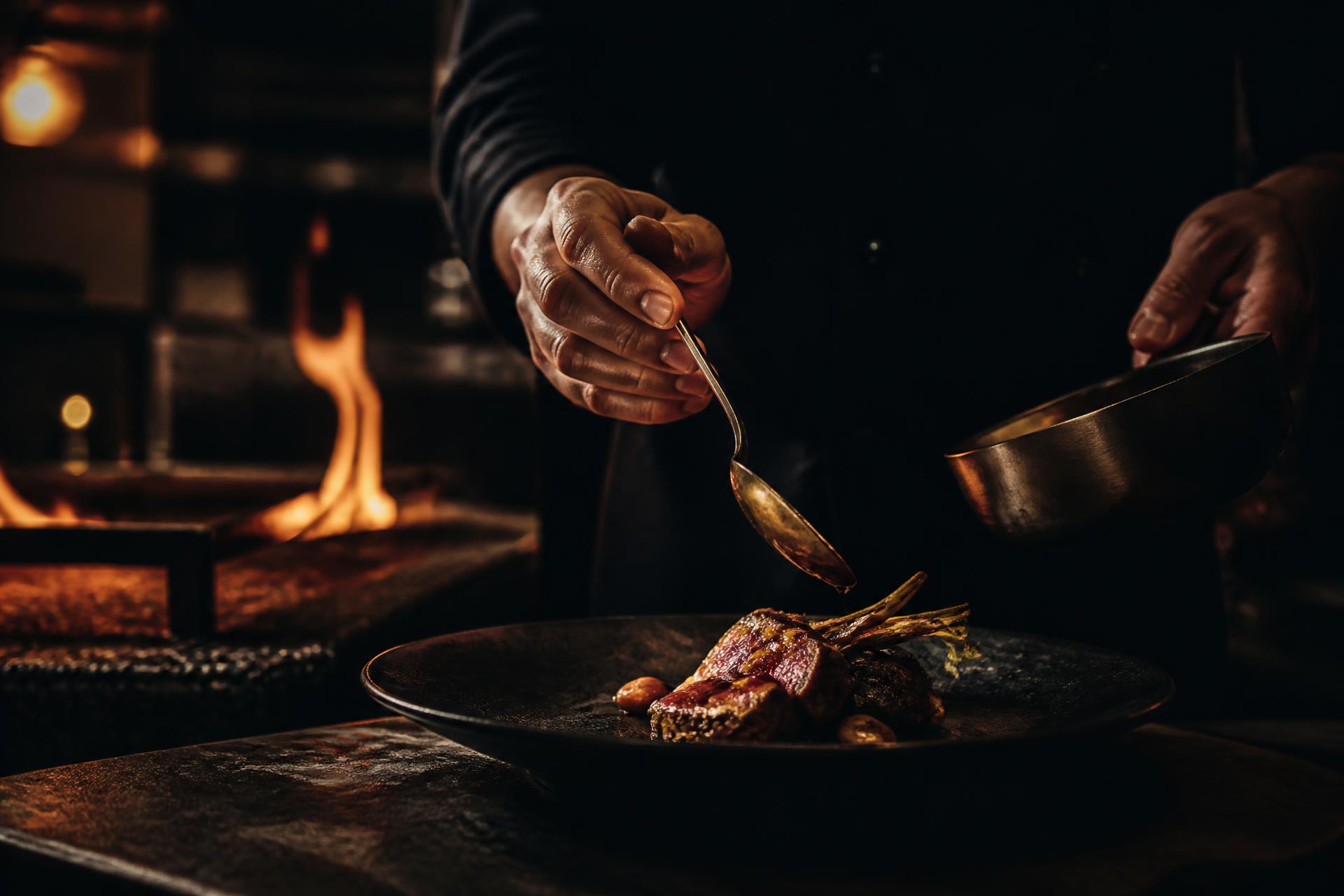 A chef finishing a plated dish beside open flame in a darkened kitchen
