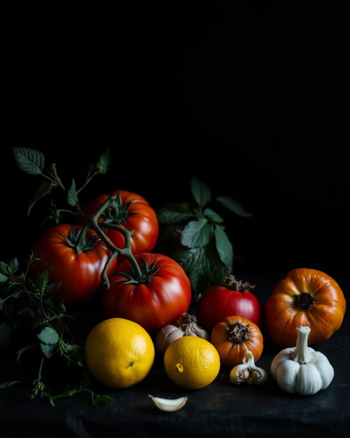 Seasonal produce arranged on dark stone under low light